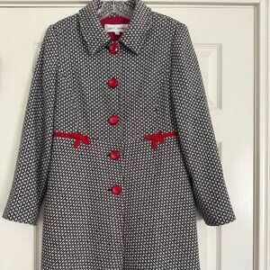 SARA CAMPBELL Gorgeous black & white with red detail long wool blend coat size 6